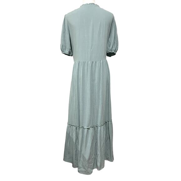 Lovestitch Dress Button Front Midi Blue Boho Linen Blend Puff Sleeves Sz Large - Picture 6 of 12